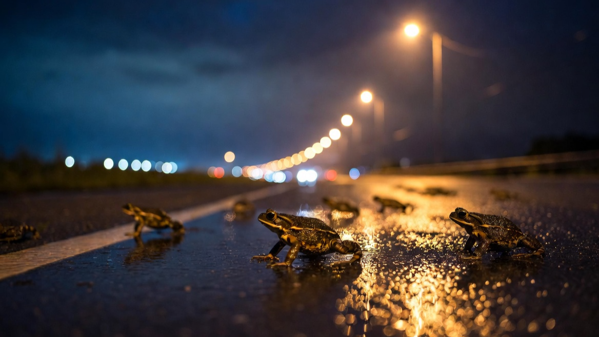 야간 산란지로 이동하기 위해 위험한 도로를 건너는 두꺼비 떼