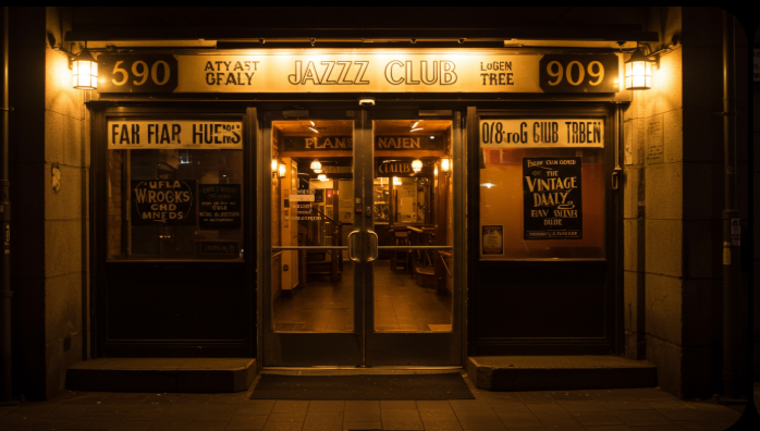 지하의 어두운 재즈클럽 입구와 빈티지한 분위기가 느껴지는 이미지
