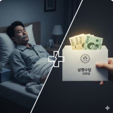 질병으로 쉬는 근로자와 상병수당 지원금 봉투 이미지가 함께 보이는 이미지