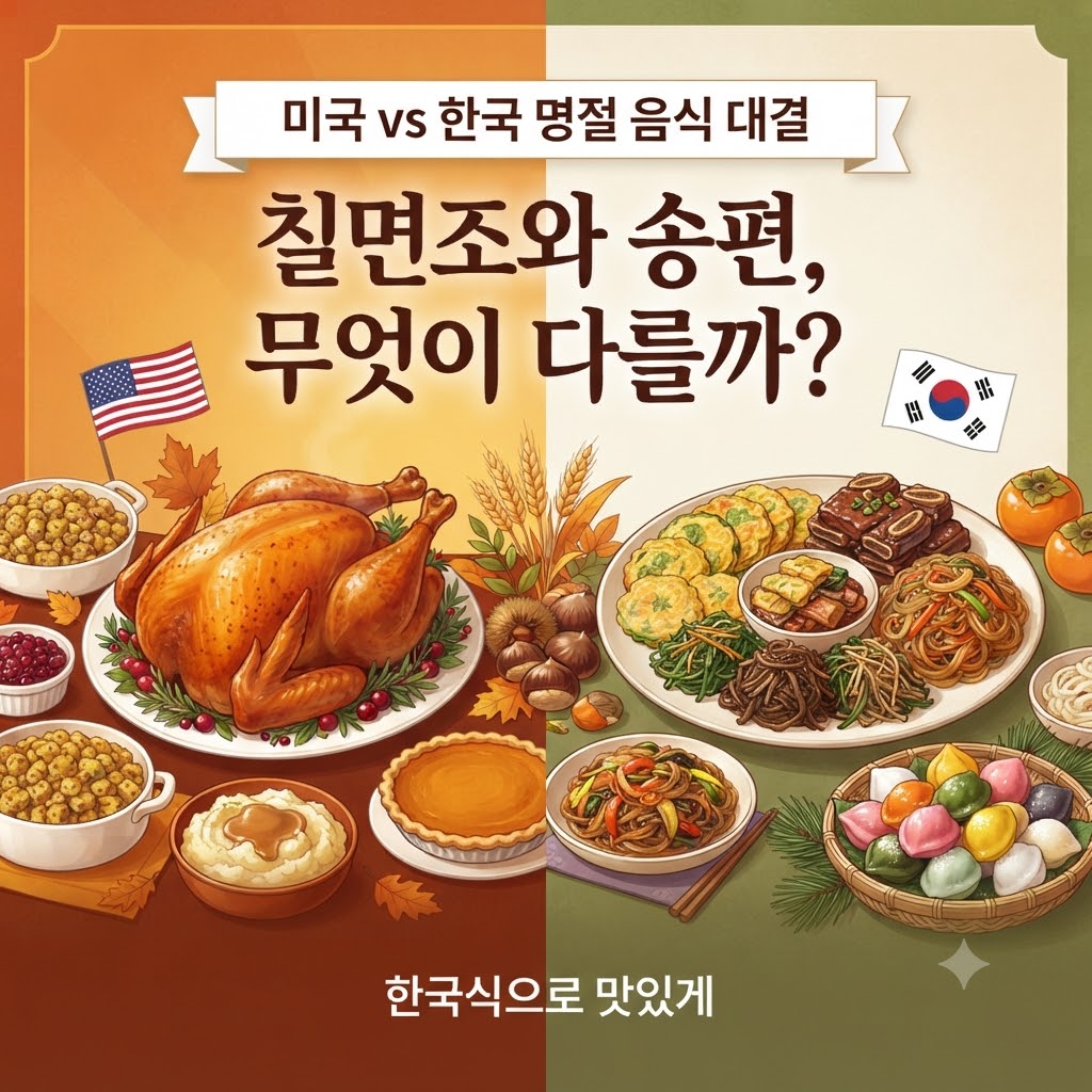 '미국 vs 한국 명절 음식 대결: 칠면조와 송편, 무엇이 다를까?'라는 제목의 일러스트 카드입니다. 왼쪽에는 구운 칠면조, 스터핑, 매시드 포테이토, 그레이비, 크랜베리 소스, 호박 파이 등 미국 추수감사절 음식들이 미국 국기와 함께 차려져 있습니다. 오른쪽에는 갈비찜, 잡채, 모둠전, 송편, 식혜, 과일 등 한국 추석 음식들이 한국 국기와 함께 차려져 있습니다. 하단에는 "한국식으로 맛있게"라는 문구가 적혀 있습니다.