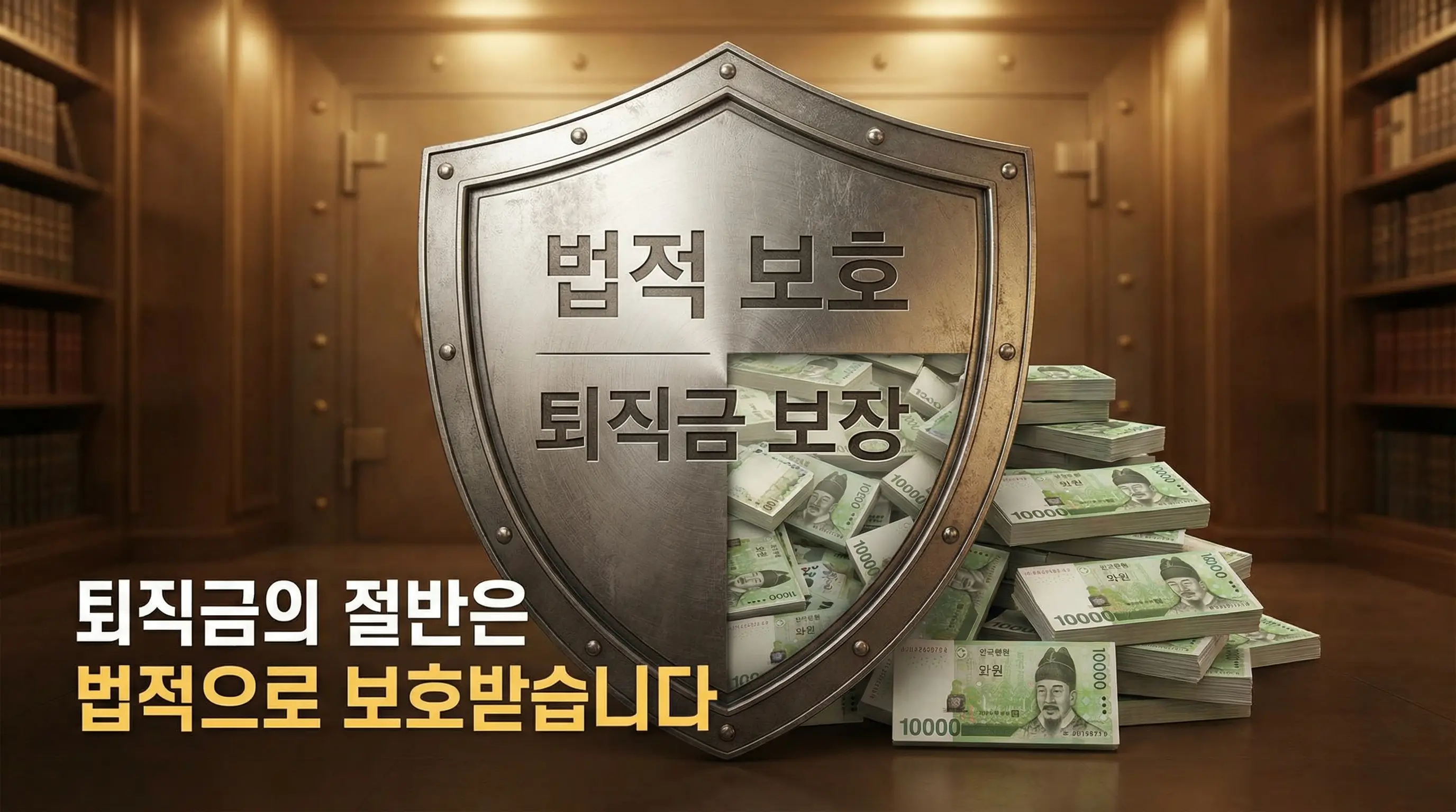 퇴직금의 절반은 법적으로 보호받는다는 것을 보여주는 방패와 돈다발 이미지