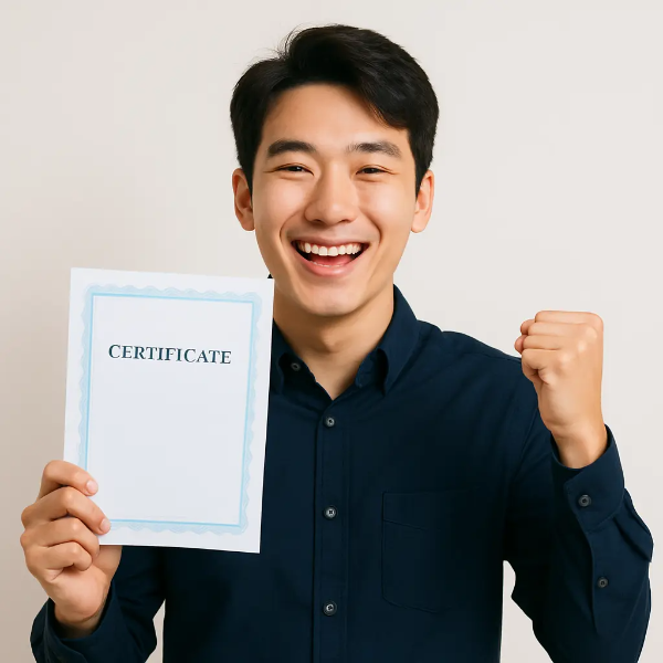 자격증을 들고 눈을 감은 채 밝게 웃는 청년 남성의 텍스트 없는 인물 이미지