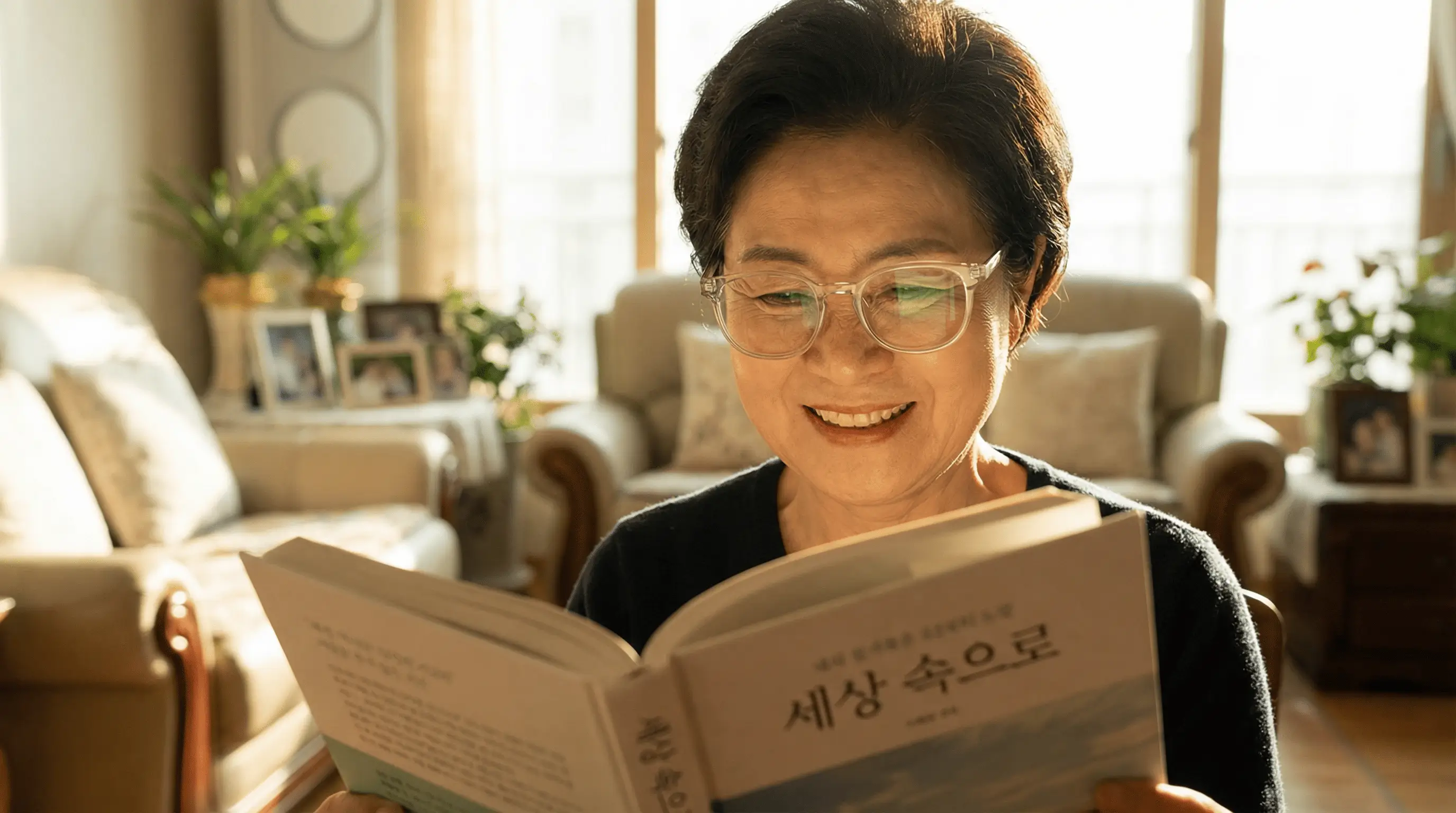 새 안경을 쓰고 환하게 웃으며 책이나 신문을 읽고 있는 행복한 모습, 선명한 시야를 상징