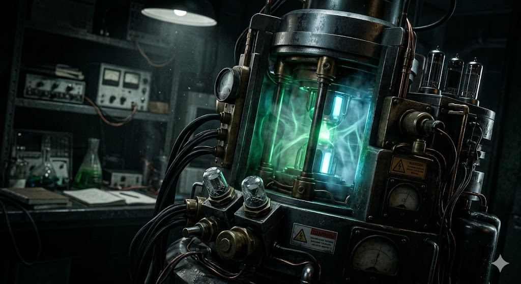 The sinister Soulcatcher device glowing with a menacing green light, transforming innocent people into aggressive killers in a secret lab.