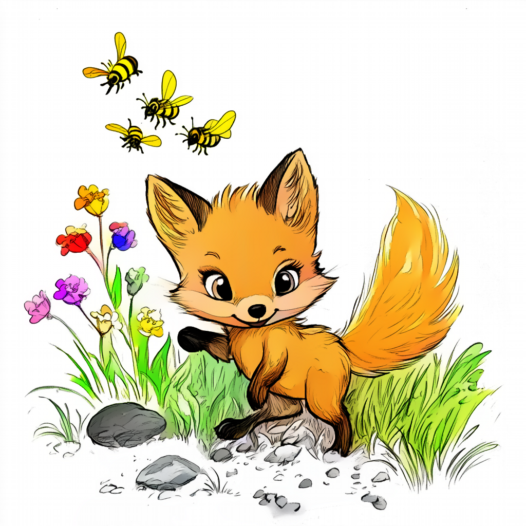 벌과함께 귀여운 여우 색칠후
