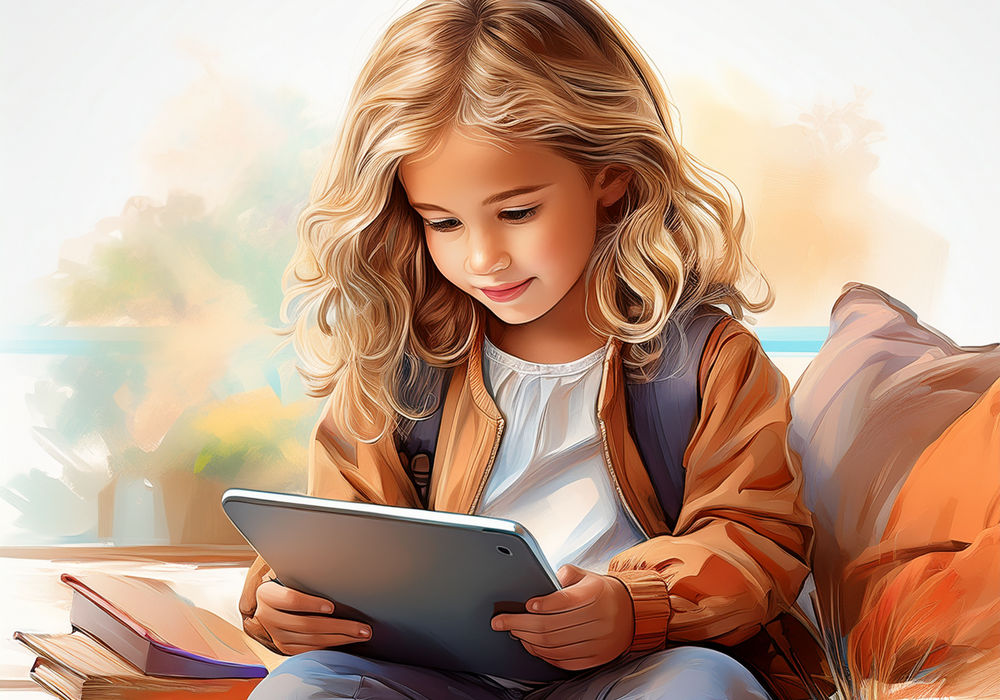 아이 패드를 보고 있는 아이 사진