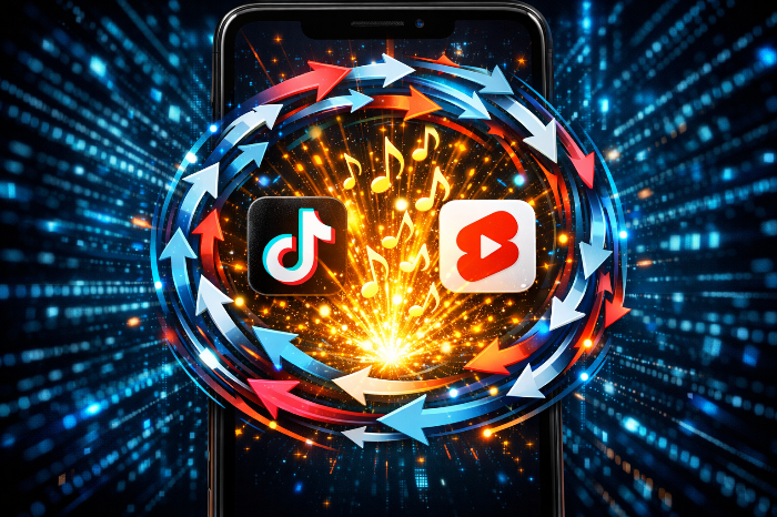 재시청률 가중치가 높아진 숏폼 알고리즘과 음원 노출 빈도의 상관관계를 시각화한 이미지.