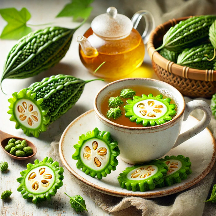 여주차가 담긴 컵과 주변의 신선한 여주