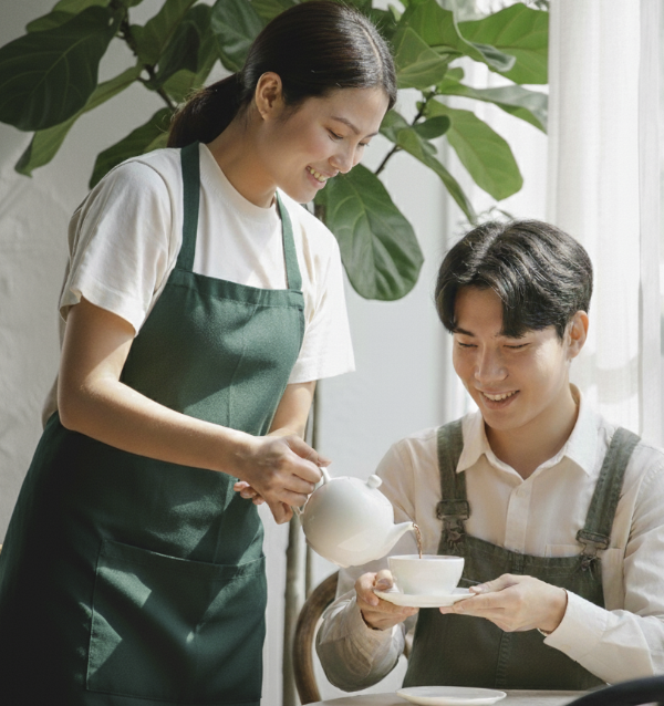 찻잔을 따르는 여자와 차를 받고 있는 남자. 뒤에는 잎이 넓은 나무가 있다. 우측은 흰색 커튼