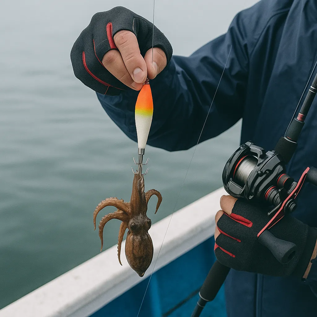 선상에서 에기에 걸려 올라온 쭈꾸미와 낚시인의 손
