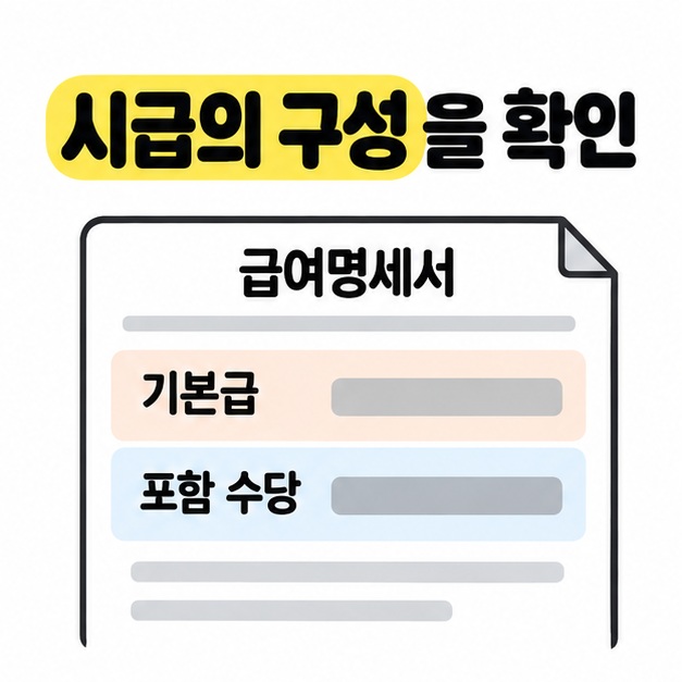 시급의 구성을 확인하라는 제목 아래 기본급과 포함 수당을 서로 다른 줄로 표시한 급여명세서