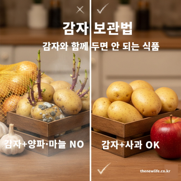 감자 보관 시 함께 두면 안 되는 식품을 비교한 이미지. 양파와 마늘과 함께 둔 감자가 싹이 나고 곰팡이가 피어 있는 모습, 사과와 함께 보관한 싱싱한 감자가 보이는 이미지