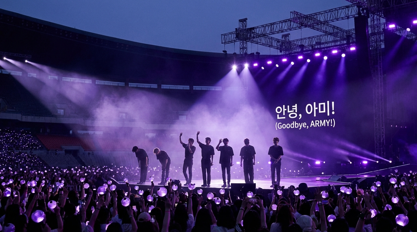 보랏빛 조명 아래서 팬들에게 마지막 작별 인사를 건네는 방탄소년단 멤버들의 실루엣