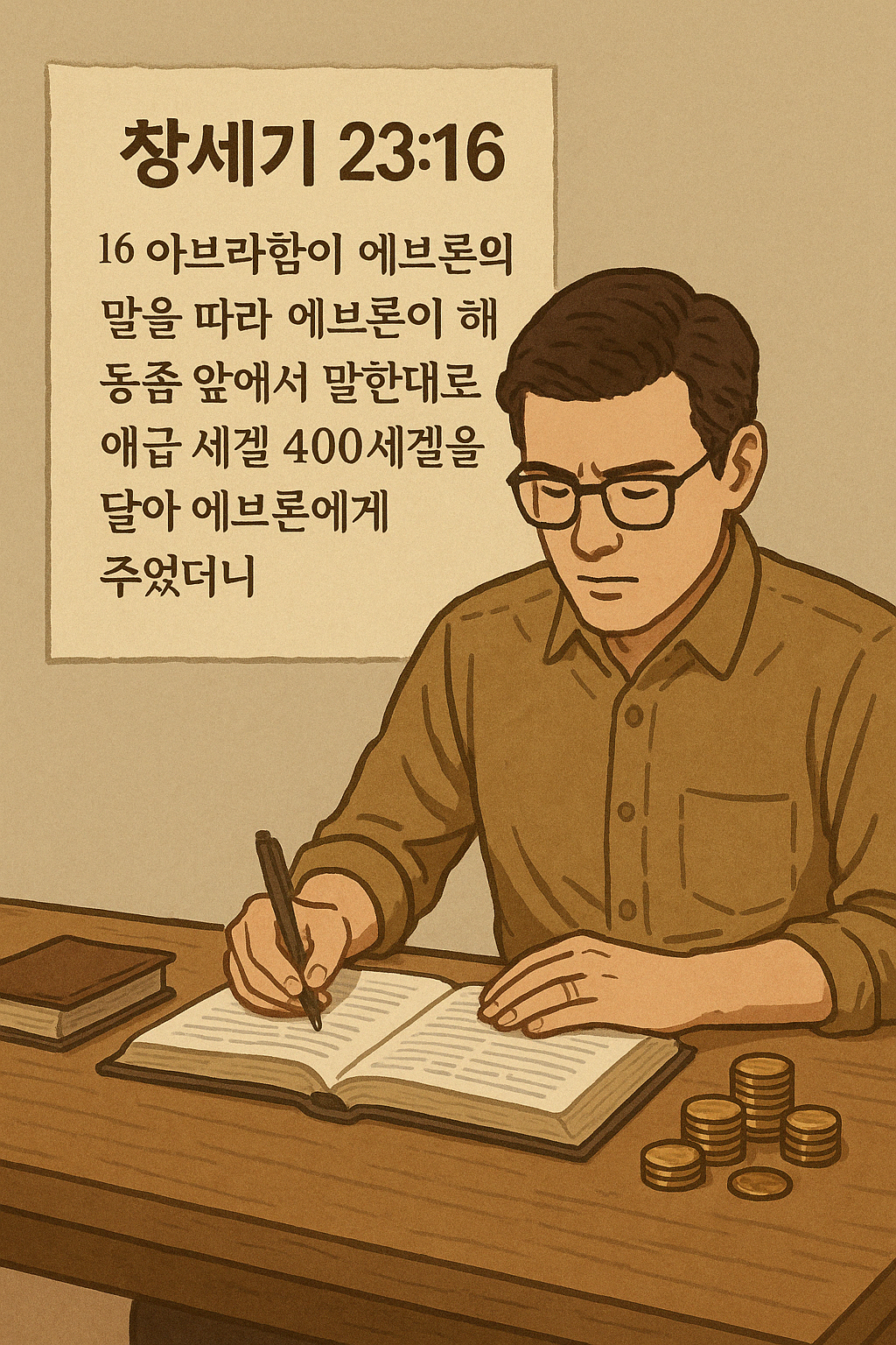 오늘 창 23:16 말씀을 보며&amp;#44; 사라의 장사지낼 땅을 온전한 값을 치루고 구입하는 것이 새로웠고&amp;#44; 저도 무엇을 얻고자 할 때 적은 노력으로 많은 것을 얻고자 하는 마음보다&amp;#44; 적정한 값을 치루려는 생각을 가지고 값을 치루기 위해 준비하는 자세로 업무와 다양한 일들을 진행할 것을 생각하며 묵상하는 시간을 갖는 모습입니다.