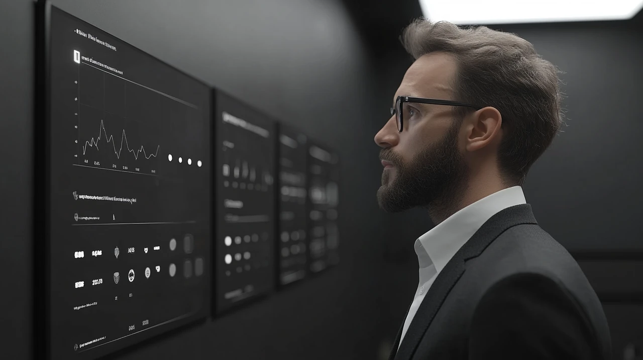 투자자들이 디지털 인터페이스에서 ETF 성과를 분석하고 있는 모습. 희망적이면서도 긴장된 분위기 속에서 진행되는 분석 장면. 오피스 환경, 디지털 기술, 투자 포트폴리오.