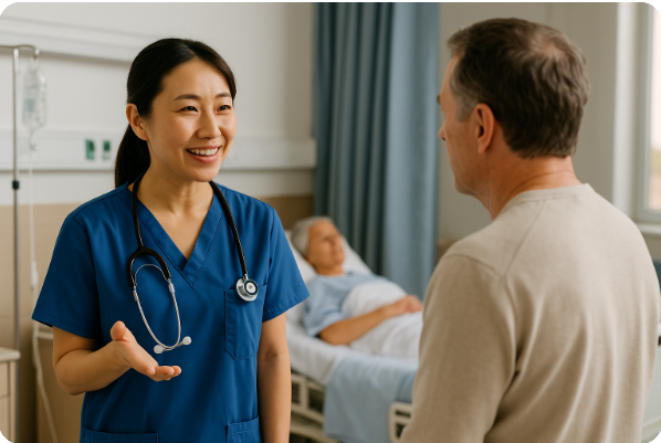 병동에서 보호자와 대화하는 간호사