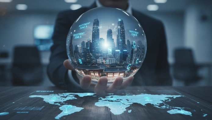 수정 구슬 안에 비친 미래 도시 풍경과 부동산 지도, 2026년 부동산 시장의 불확실성과 기회를 상징하는 이미지