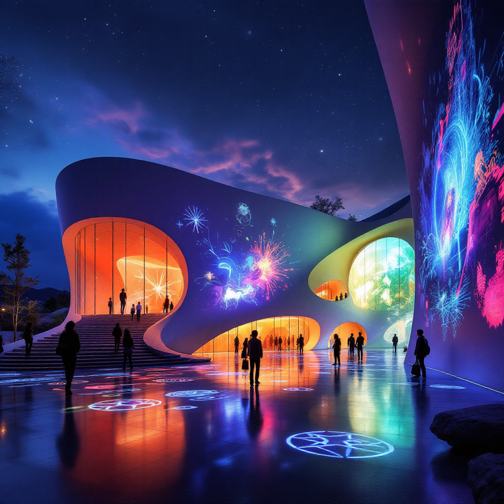 유려한 곡선의 미래형 건축물 외벽에 생생한 미디어 파사드가 투영되고, 바닥과 벽면을 가득 채운 색채와 빛이 마치 꿈속을 걷는 듯한 분위기를 자아냅니다.