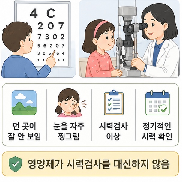 아이가 먼 곳을 보기 어렵거나 눈을 자주 찡그리는 경우 영양제보다 시력검사와 필요한 안과 평가를 먼저 확인하는 모습을 보여 주는 그림