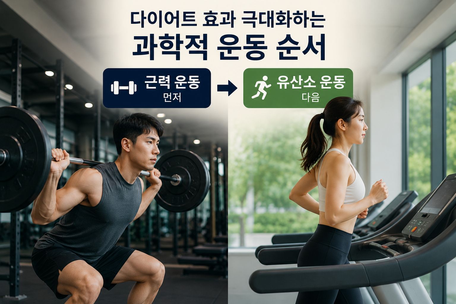 근력 운동을 먼저 하는 남성의 모습과 후에 유산소 운동을 하는 여성의 모습을 보여주는 이미지