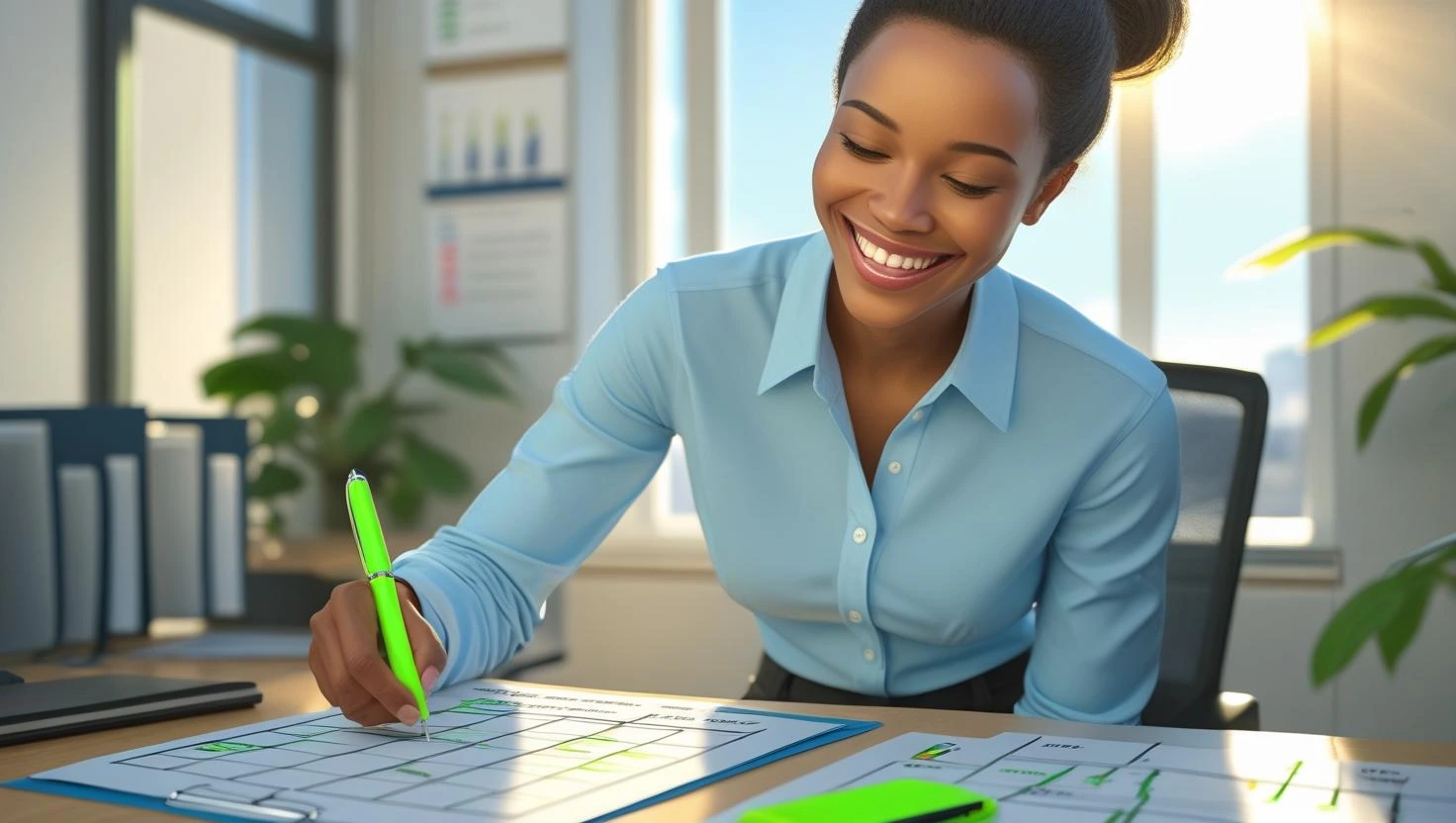 작은 습관 체크리스트에 표시하며 성취를 느끼는 웃는 직장인