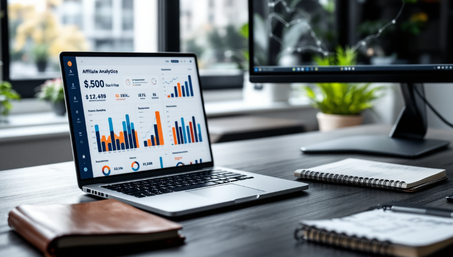 블로그 수익 및 제휴 마케팅 분석 그래프가 보이는 디지털 작업 공간