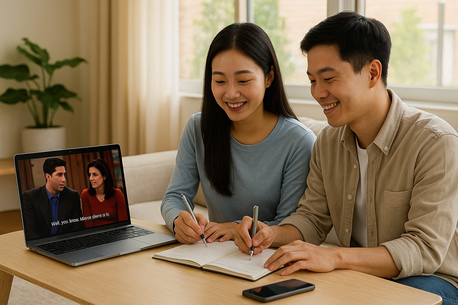 프렌즈 에피소드로 영어 자막 필기하는 커플