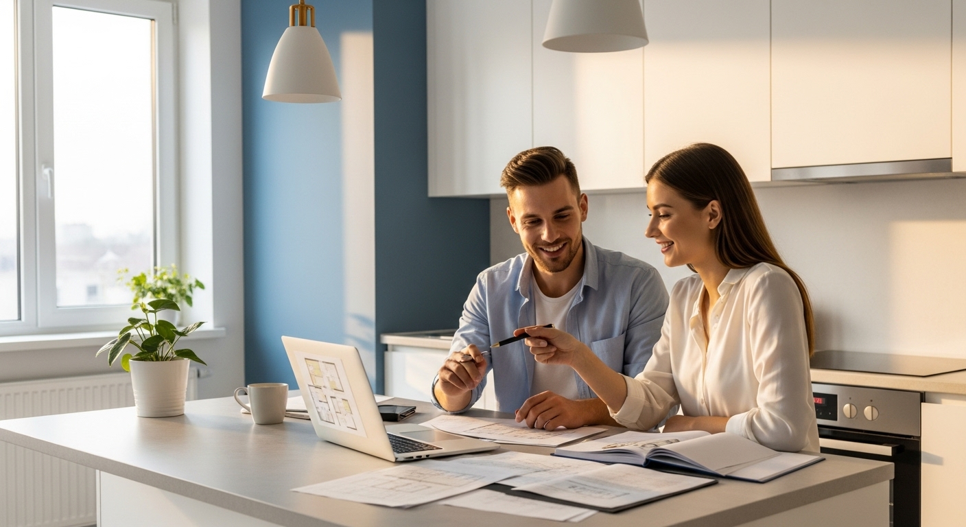 모던한 주방에서 노트북과 서류를 보며 신혼집 마련 계획을 행복하게 논의하는 신혼부부의 모습.
