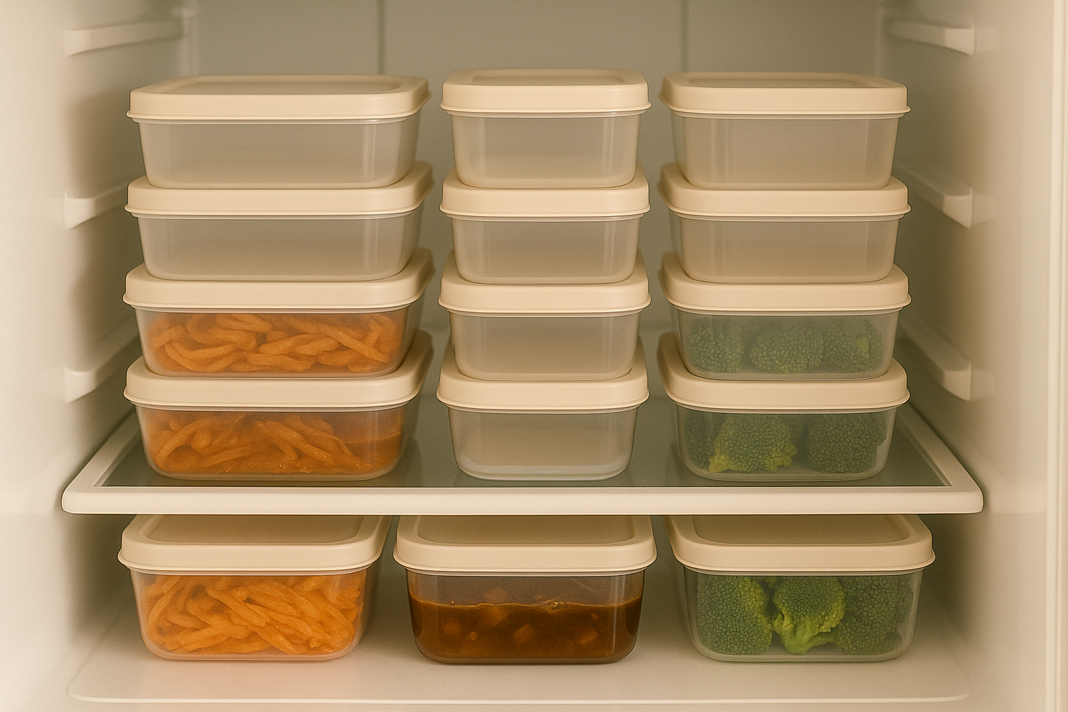 규격이 통일된 반찬통으로 정리된 냉장고 선반