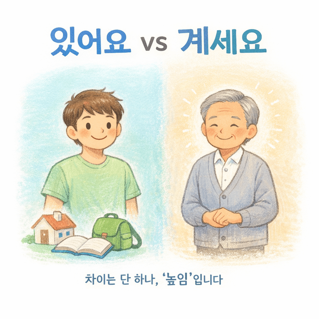 편한 관계의 사람과 존중해야 할 사람을 대비해 높임 여부에 따라 표현이 달라지는 상황을 보여주는 장면