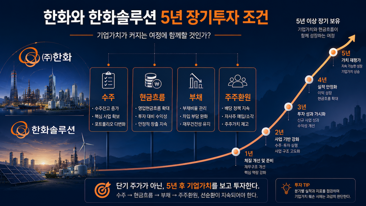 수주&middot;현금흐름&middot;부채&middot;주주환원을 확인하며 한화와 한화솔루션을 5년 이상 장기투자하는 판단 과정