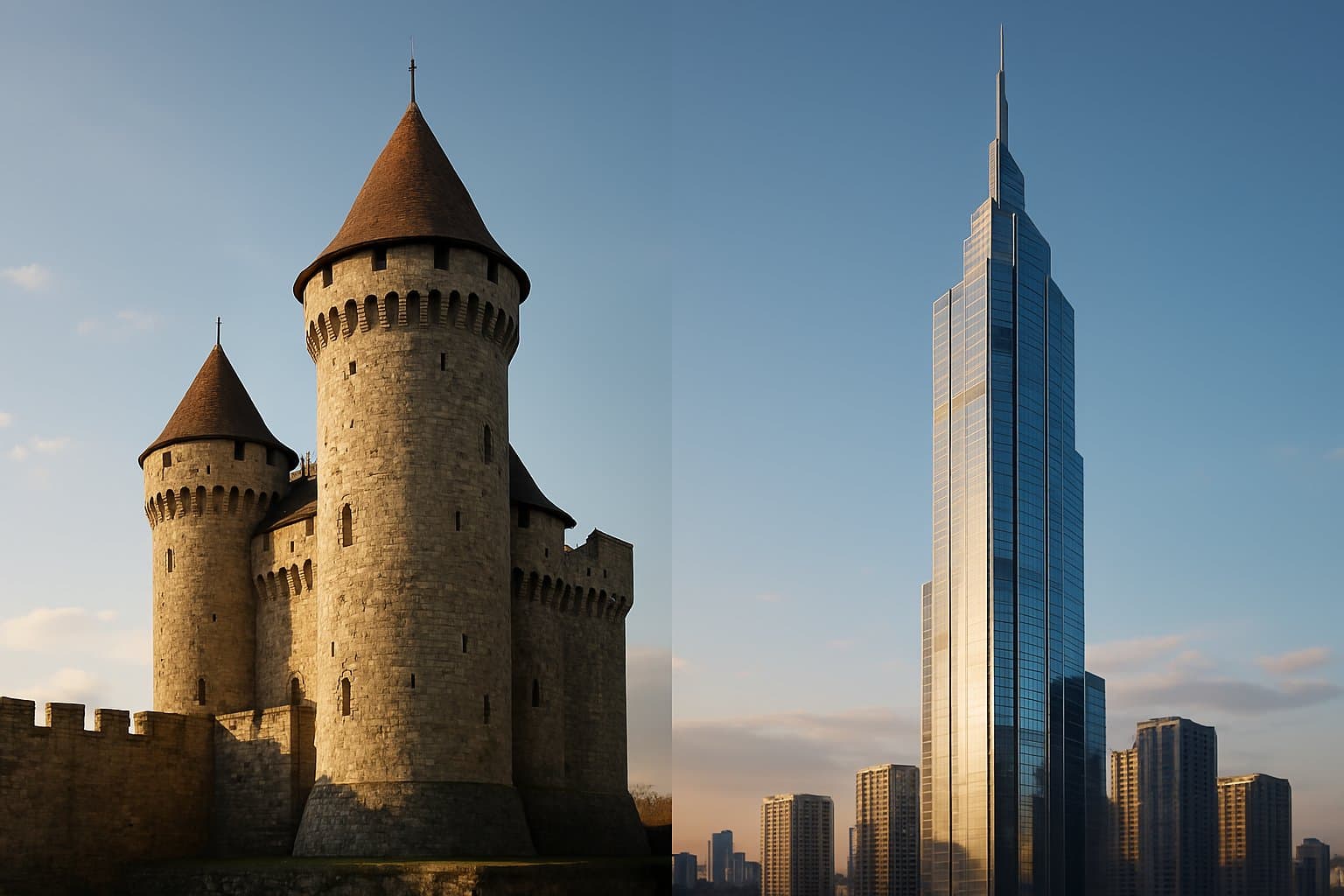 중세 성(城)의 모습과 현대 초고층빌딩 모습