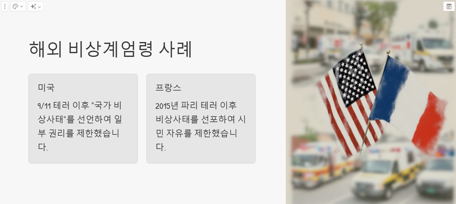 미국과 프랑스 국기 사진과 해외 비상계엄령 사례