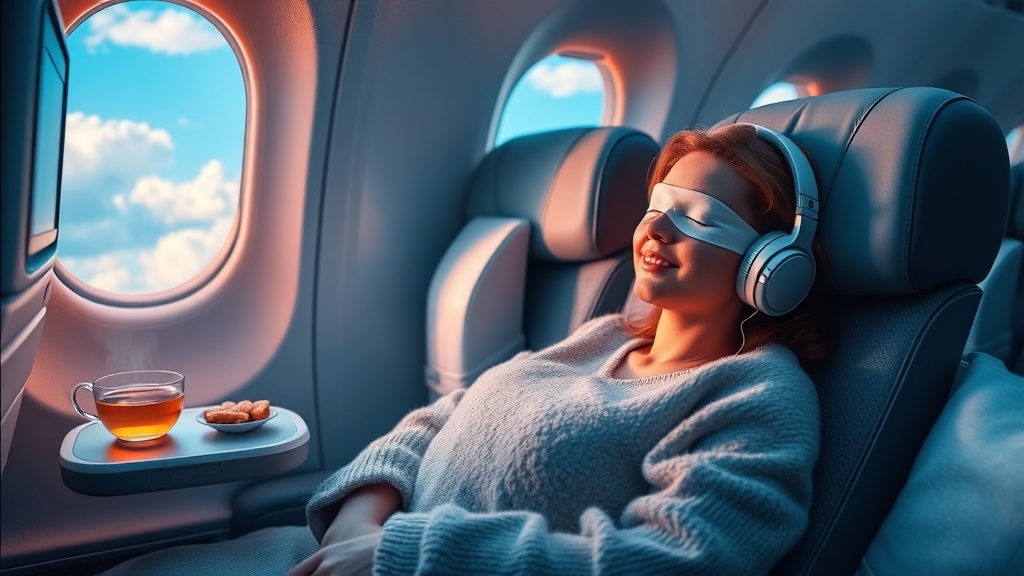 비행기 좌석 옆 간이 침대(베시넷) 또는 부모의 무릎에서 포근한 담요에 싸여 잠든 아기의 모습. 주변 승객들은 조용히 배려하고 있으며, 아기는 깊은 잠에 빠져있다.
