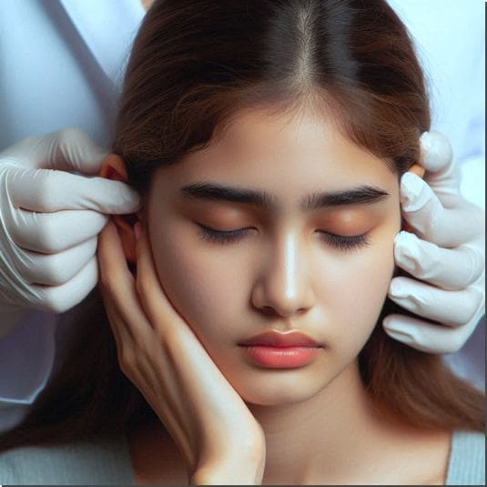 이명증 치료 및 개선방안, 이명증 치료 하는 젊은 여성 사진