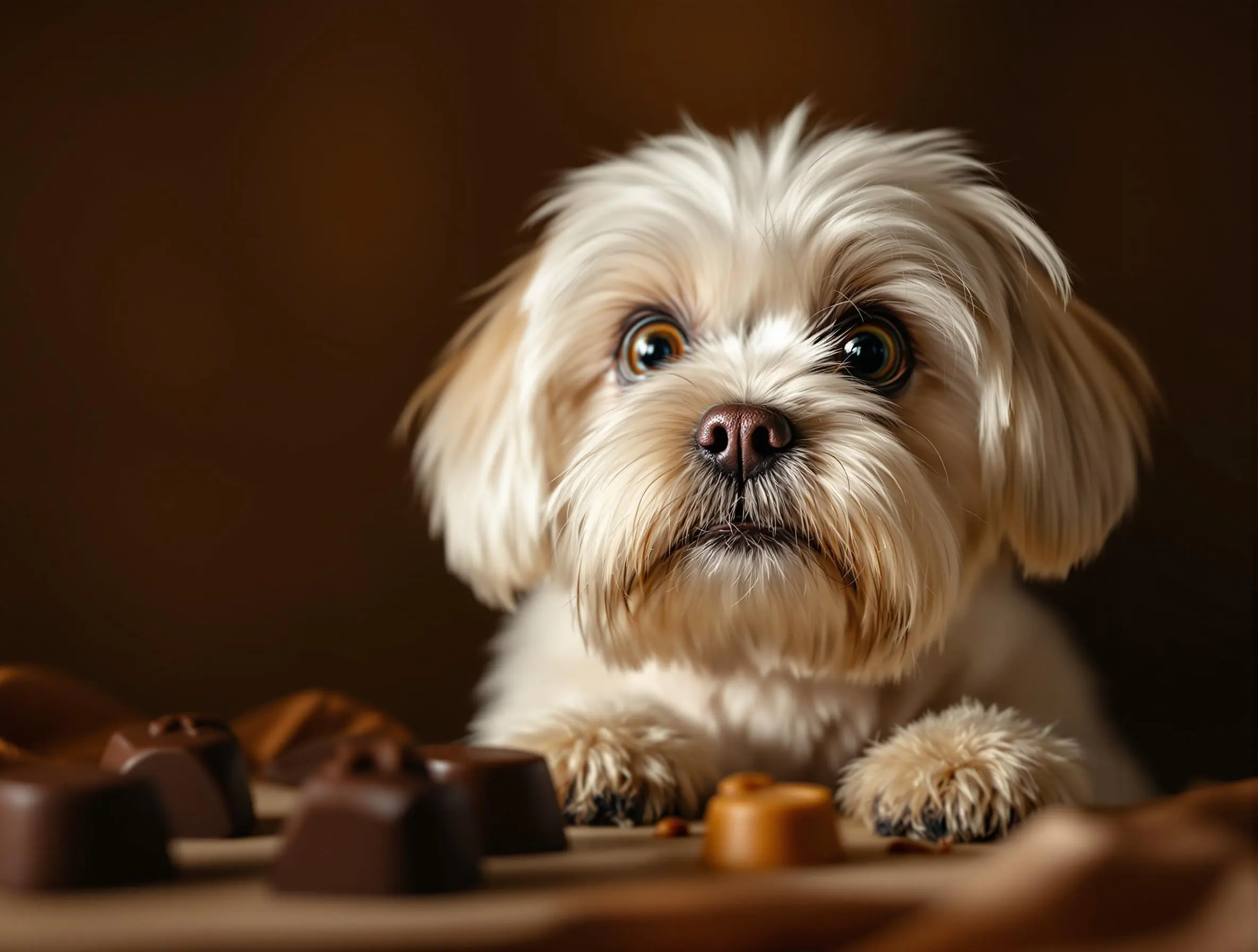 초콜릿 앞에서 놀란 표정을 짓고 있는 귀여운 말티즈의 모습
