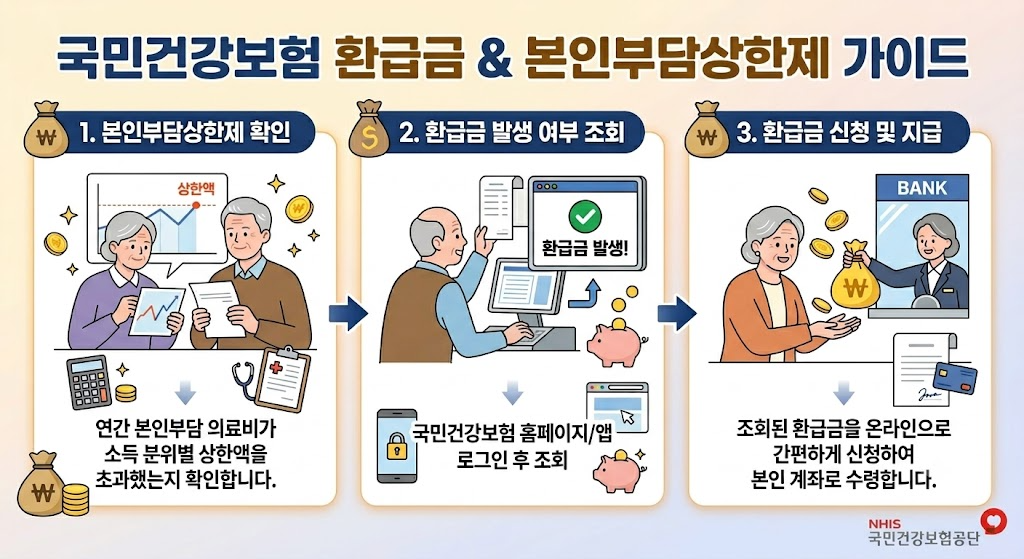 첫 번째 이미지 (환급금 대상 확인)
➡️ 국민건강보험 환급금 본인부담상한제 지급 대상자 안내
두 번째 이미지 (조회 화면 및 금액 확인)
➡️ 국민건강보험공단 홈페이지 환급금 조회 및 미지급금 확인
세 번째 이미지 (신청 및 지급 방법)
➡️ 인터넷 및 모바일 앱을 통한 건강보험 환급금 신청 방법 안내