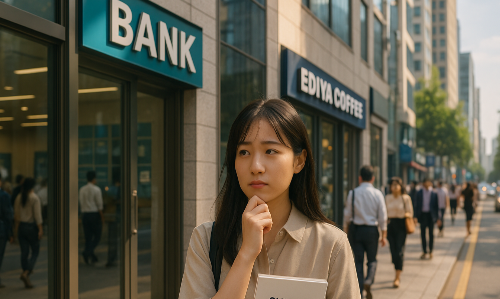 은행 앞에서 망설이는 사회초년생 모습
