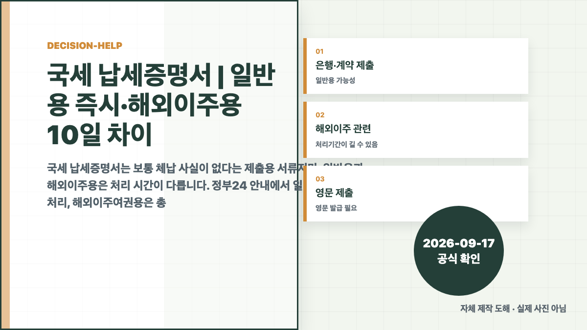 국세 납세증명서 | 일반용 즉시&middot;해외이주용 10일 차이 판단 기준 도해