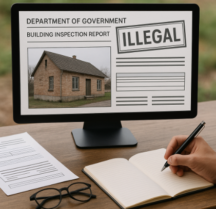 나무 책상 위에 노트북, 안경, 노트, 건축물 조사 보고서 서류가 놓여 있고, 모니터 화면에 벽돌 시골집 사진