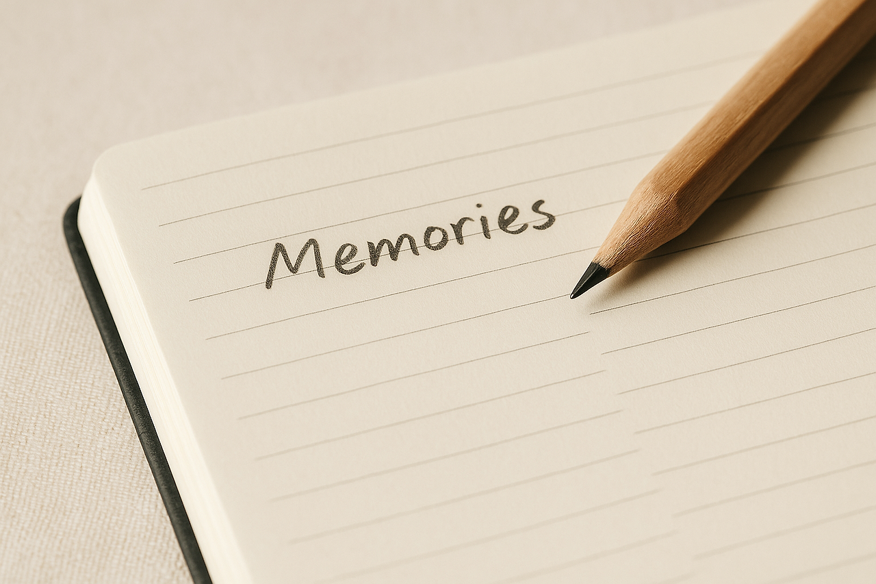 “노트 위에 ‘Memories’라고 적힌 연필과 종이의 이미지. 기억을 기록한다는 상징적인 표현.”