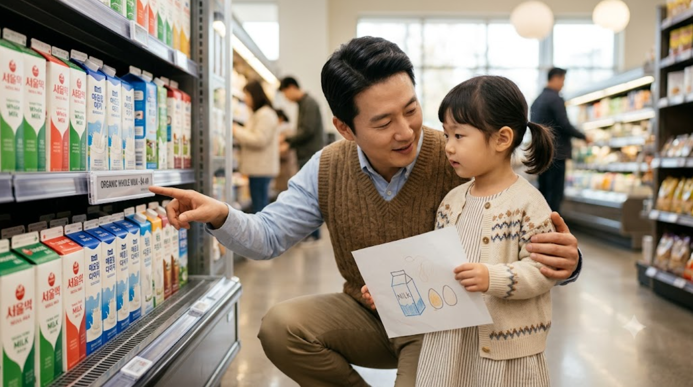 마트 진열대 앞에서 5세 자녀에게 가격표를 비교하며 기회비용과 합리적인 소비 습관을 가르쳐주는 아빠의 조기 경제 교육 일상 이미지