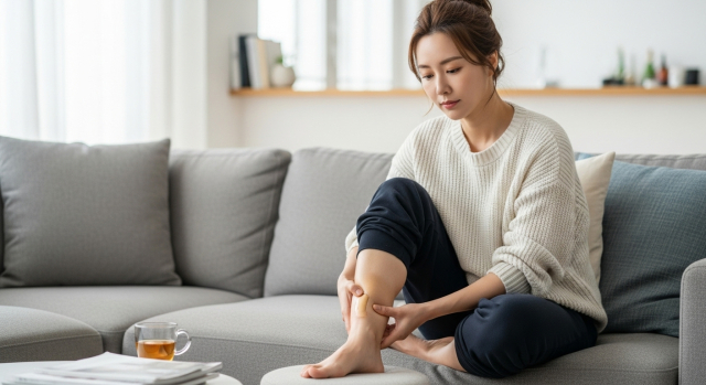 의자에 앉아 다리를 주무르는 여성