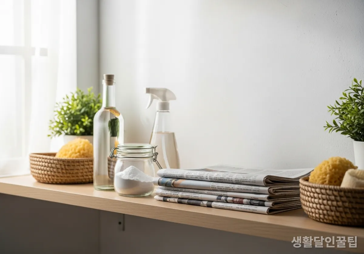 베이킹소다, 식초, 신문지 등 친환경 청소 도구들이 한국 다용도실 선반에 깔끔하게 정돈된 모습