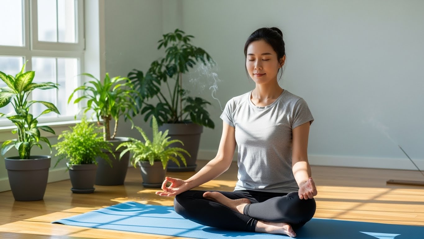 마음챙김 명상을 통해 타인의 시선에서 벗어나 현재의 자신에게 집중하는 모습