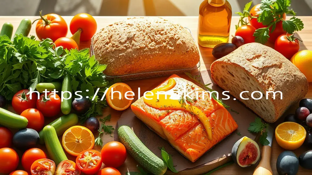 따사로운 햇살 아래, 신선한 채소와 다채로운 과일, 통곡물 빵, 허브를 곁들인 구운 연어, 그리고 황금빛 엑스트라 버진 올리브 오일이 풍성하게 차려진 지중해식 식탁의 모습.