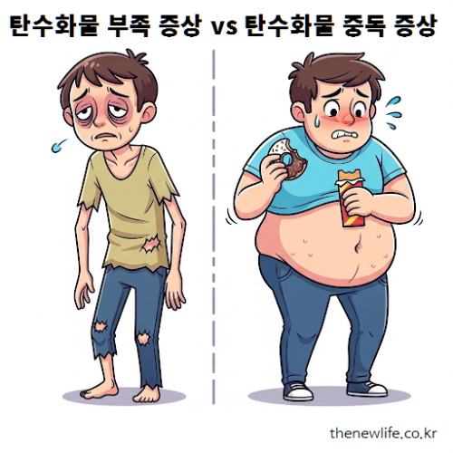 탄수화물 부족 증상과 탄수화물 중독 증상을 비교한 일러스트 - 피로, 무기력, 과식, 비만