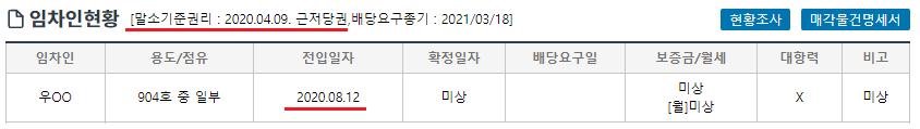 경매정보지의 대항력 없는 임차인 경우의 사진