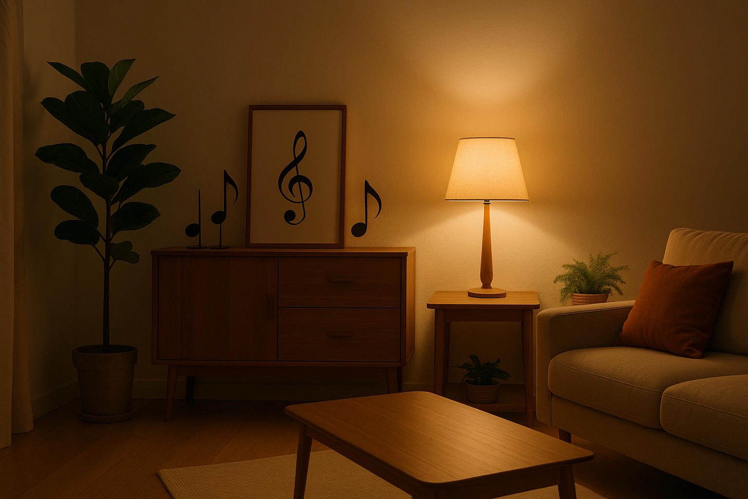 은은한 조명이 켜진 조용하고 따뜻한 거실 인테리어