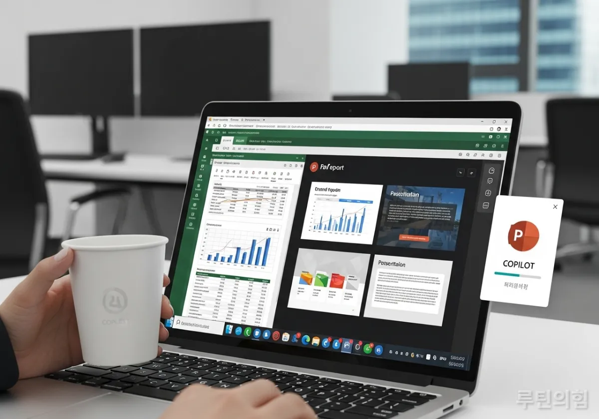 마이크로소프트 코파일럿이 엑셀과 파워포인트를 연동하여 자동으로 문서를 작성하는 화면과 커피를 든 직장인의 손